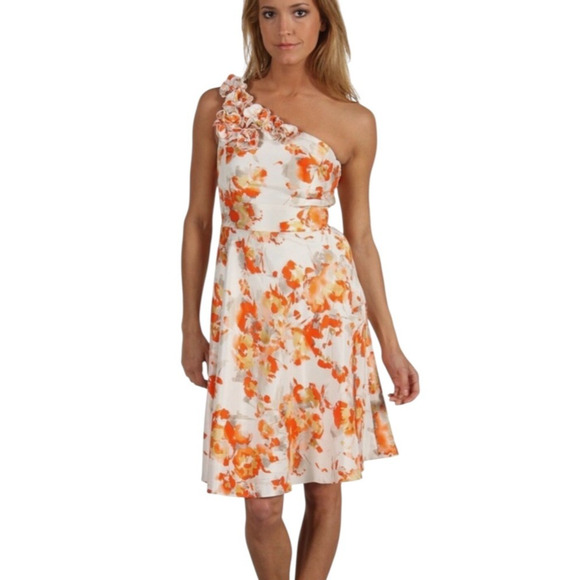 Tahari Dresses & Skirts - Tahari Arthur S. Levine Floral One‎ Shoulder Dress Orange White Fit & Flare Sz 8